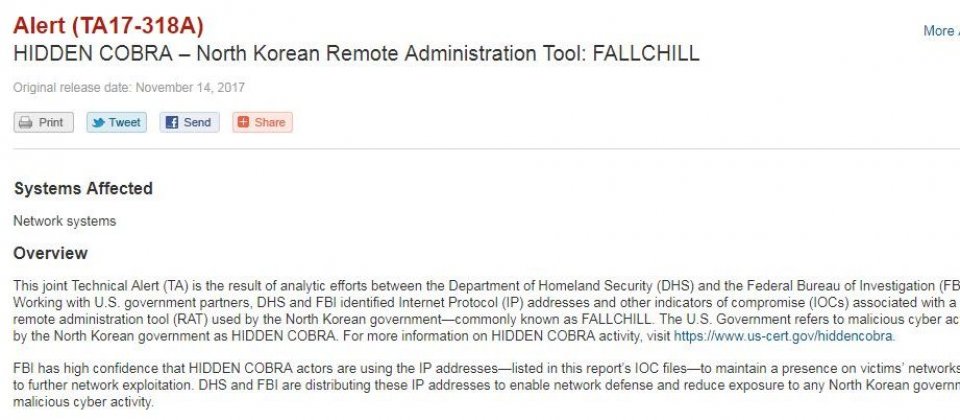 US-CERT與FBI警告：小心四處流竄的北韓駭客工具Fallchill