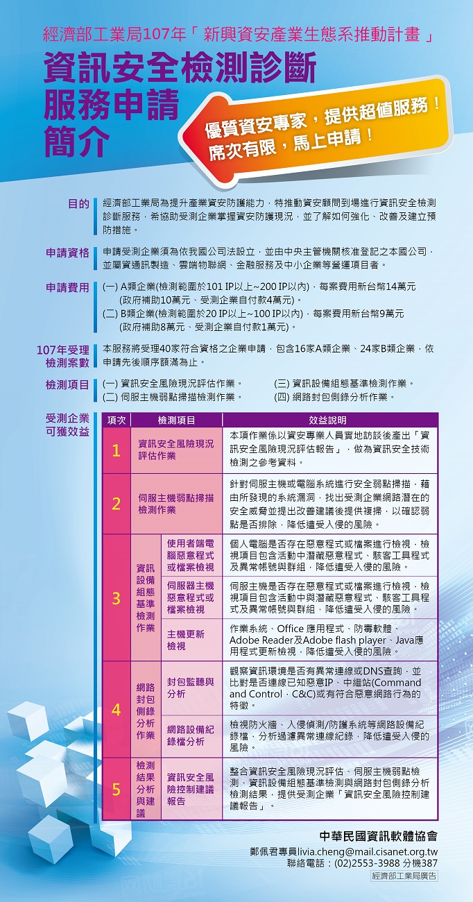 經濟部工業局提供資訊安全檢測診斷服務補助申請，最低僅付1萬元自籌款即可申請