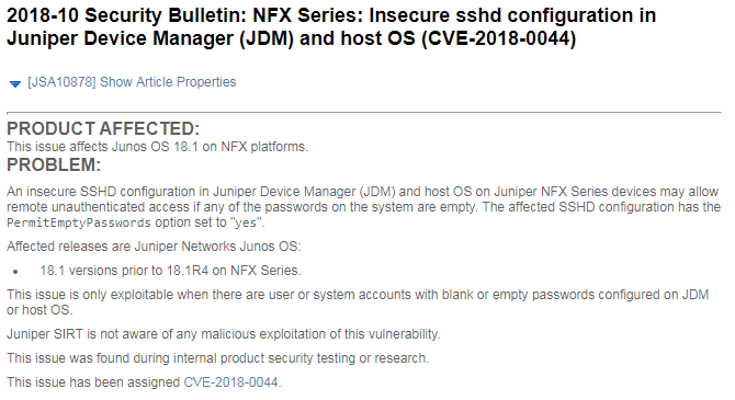 Juniper NFX系列之Junos OS 18.1版本存在安全漏洞(CVE-2018-0044)，允許攻擊者遠端登入，請儘速確認並進行修正
