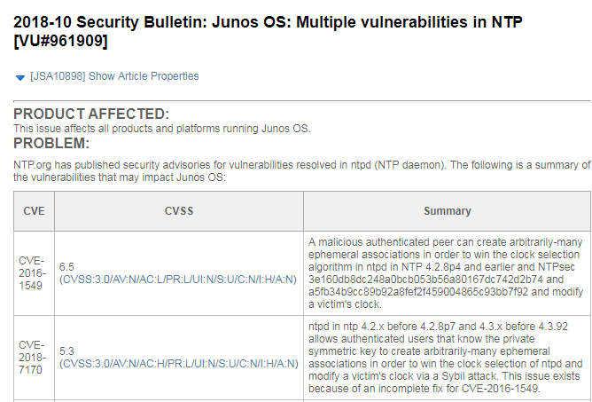 Juniper Junos OS之NTP套件存在多個安全漏洞，允許攻擊者遠端執行任意程式碼，請儘速確認並進行修正