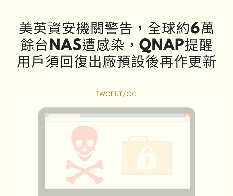 美英資安機關警告，全球約6萬餘台NAS遭感染，QNAP提醒用戶須回復出廠預設後再作更新 TWCERT/CC