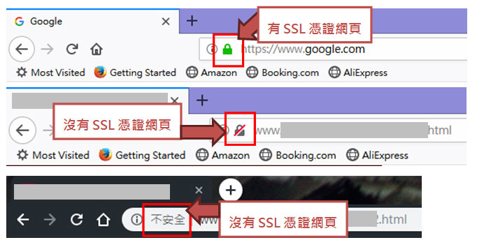 有SSL憑證網頁 沒有SSL憑證網頁 不安全