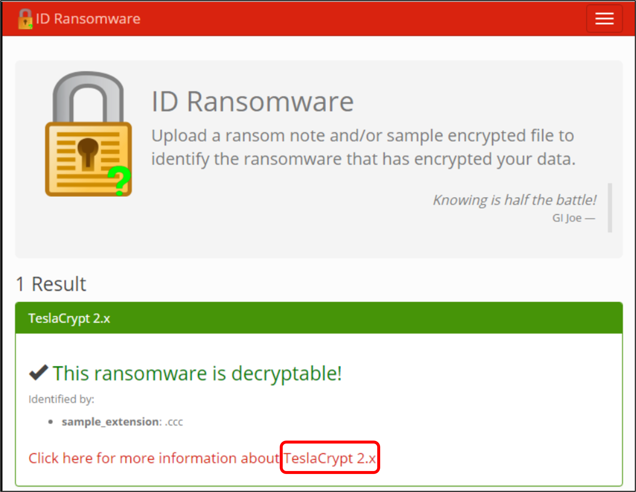 圖2、ID Ransomware 勒索軟體名稱的辨識結果示意圖(紅框處)