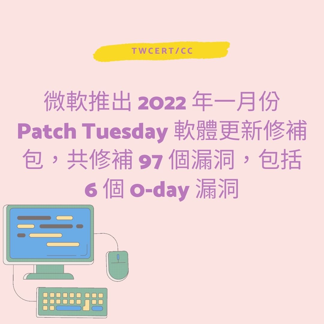 微軟推出 2022 年一月份 Patch Tuesday 軟體更新修補包，共修補 97 個漏洞，包括 6 個 0-day 漏洞 TWCERT/CC