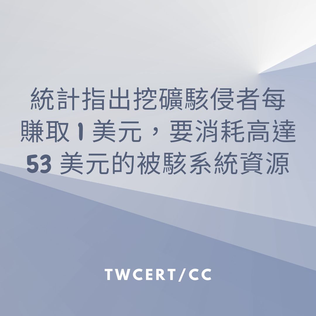 統計指出挖礦駭侵者每賺取 1 美元，要消耗高達 53 美元的被駭系統資源 TWCERT/CC