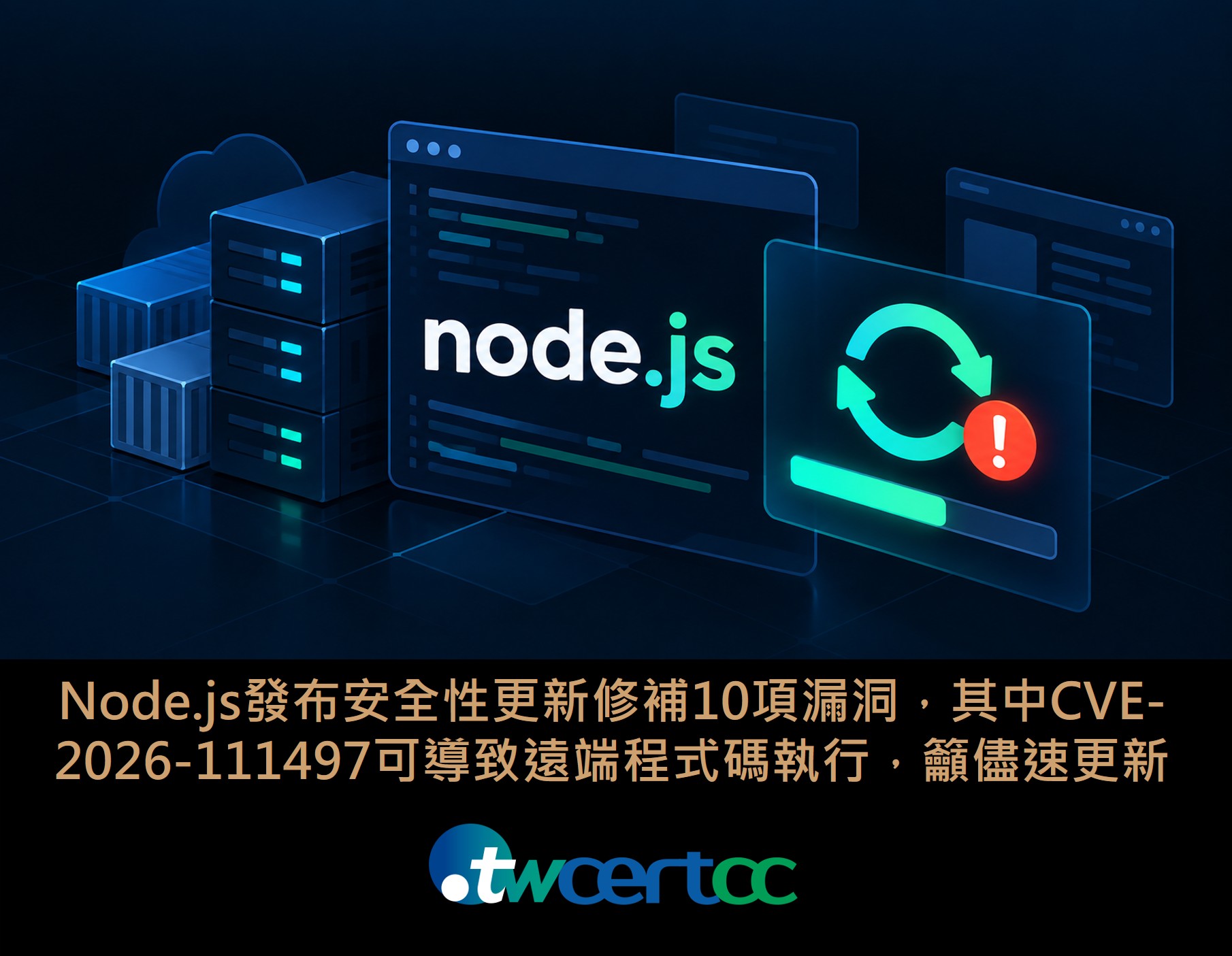 Node.js發布安全性更新修補10項漏洞,其中CVE-2026-111497可導致遠端程式碼執行,籲儘速更新